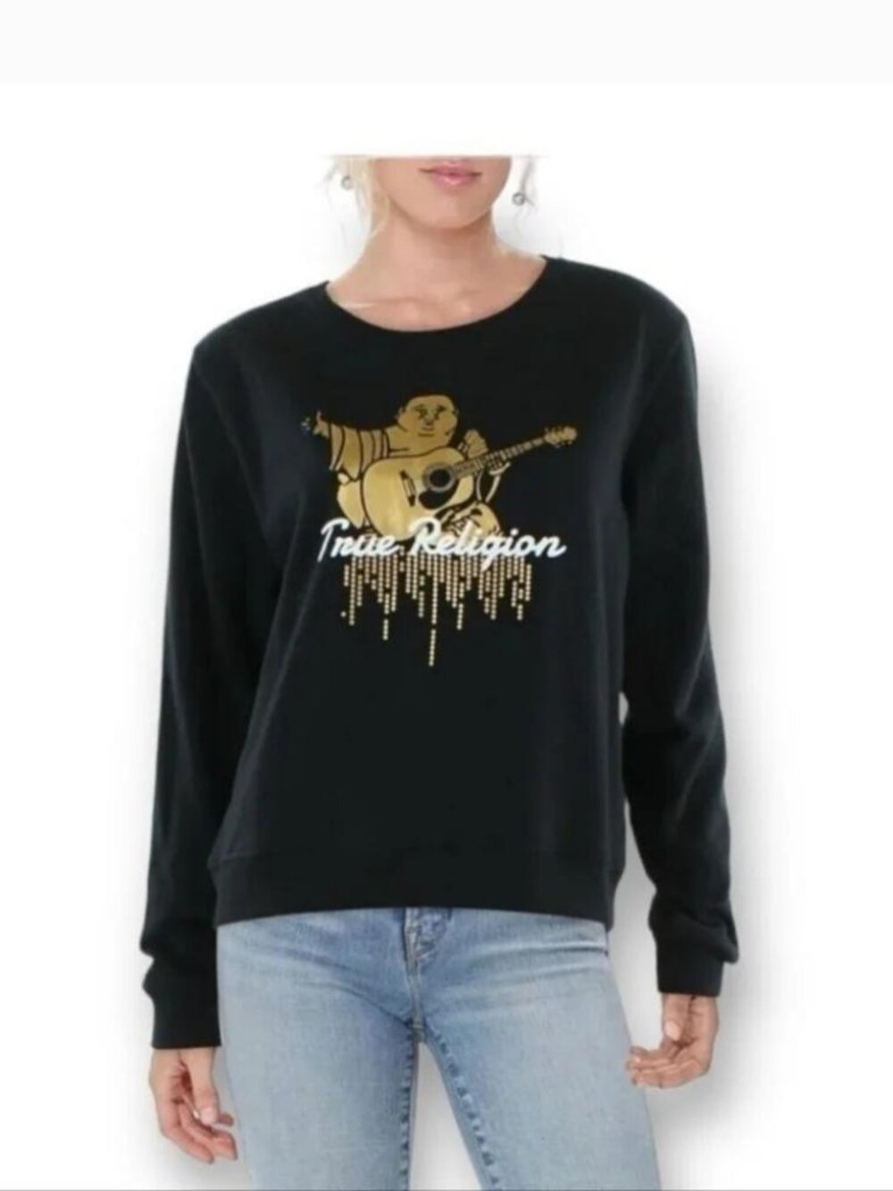 True Religion Womens Black Crewneck Logo Buddha Sweatshirt Large
